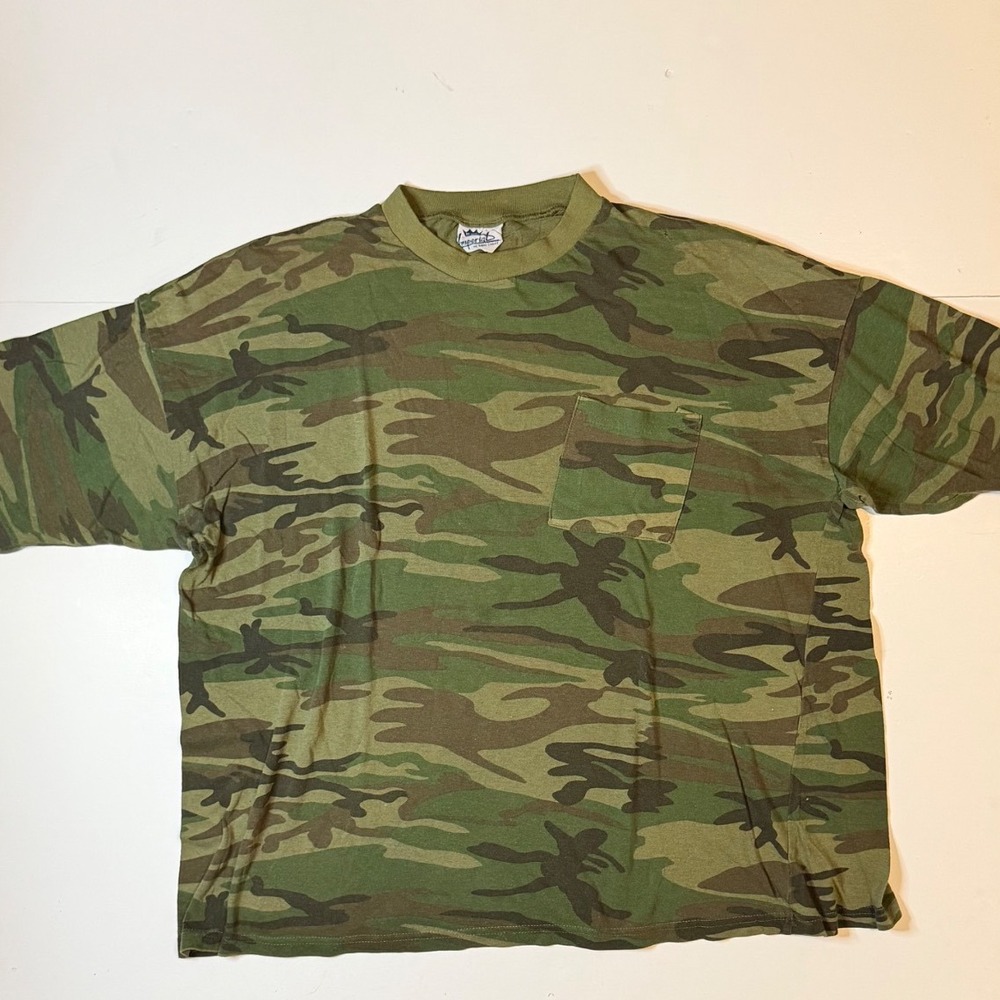 Vintage 90s Imperial Pocket T-Shirt Paper Thin Size XL Green Camo Woodland Tee